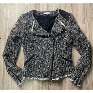 Promod Womens Jacket Black Multicolor Tweed Pockets Asymmetrical Zip Lined 4 EU